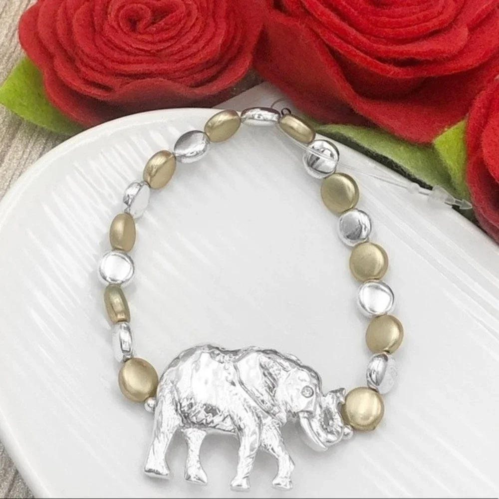 🌼 Elephant Theme 2-Tone Gold Silver Beaded Stretch Bracelet